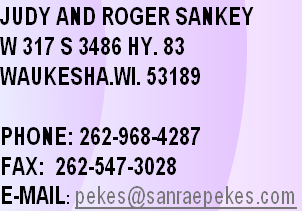 JUDY AND ROGER SANKEY
W 317 S 3486 HY. 83
WAUKESHA.WI. 53189

PHONE: 262-968-4287
FAX:  262-547-3028
E-MAIL: pekes@sanraepekes.com